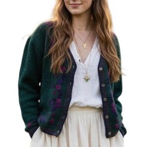 Vintage 90s Northern Reflections Green Floral Embroidered Knit Cardigan Small